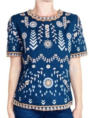 Main Strip Cotton Navy Embroidered Short Sleeve Top - Floral Pattern